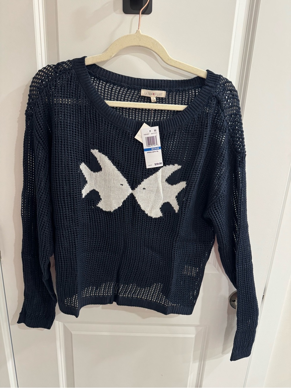 Ultra Flirt Navy Blue Open Knit Kissing Fish Sweater NWT Juniors Size M